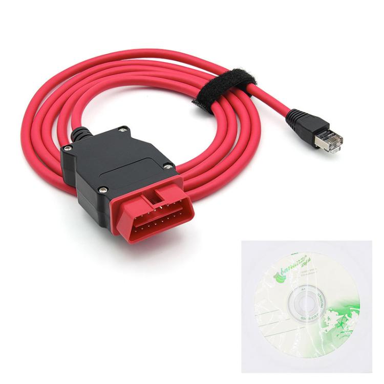 Red DOIP ENET diagnostic cable with black module, red OBD plug, and RJ45