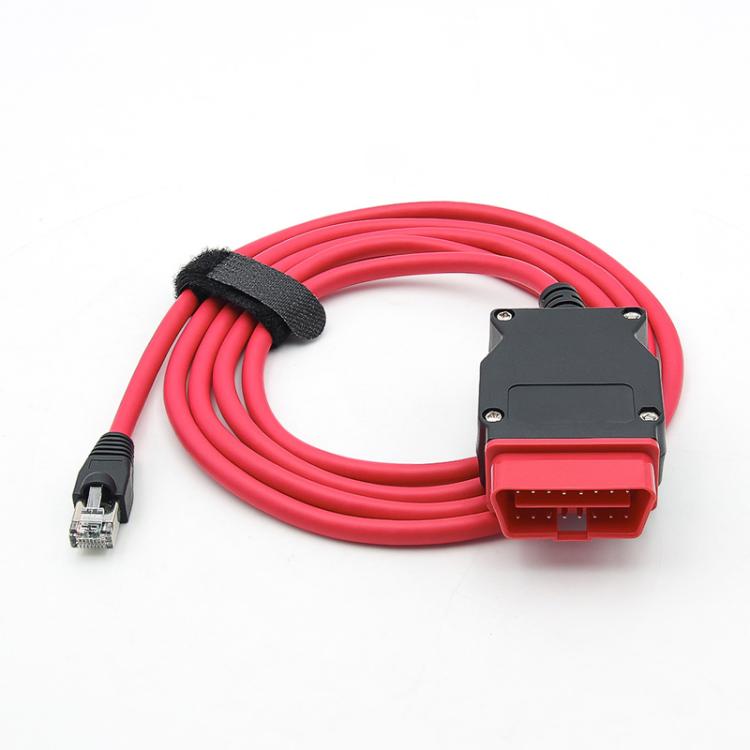 Red diagnostic cable with black ENET module, red OBD connector, and RJ45 end