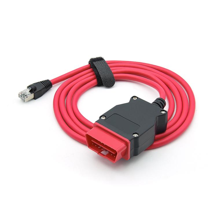 Red DOIP ENET cable with black module, red OBD connector, and RJ45 plug