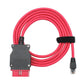 Red cable with black adapter housing, red OBD connector, and RJ45 plug