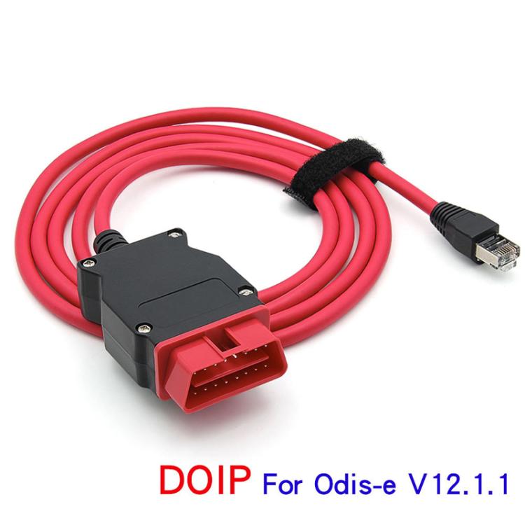 Red diagnostic cable with black module, red OBD connector, and RJ45 plug