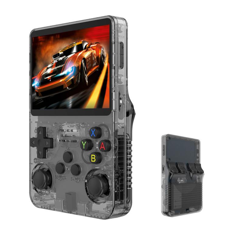 Clear black retro handheld game console with 3.5-inch screen and colored buttons