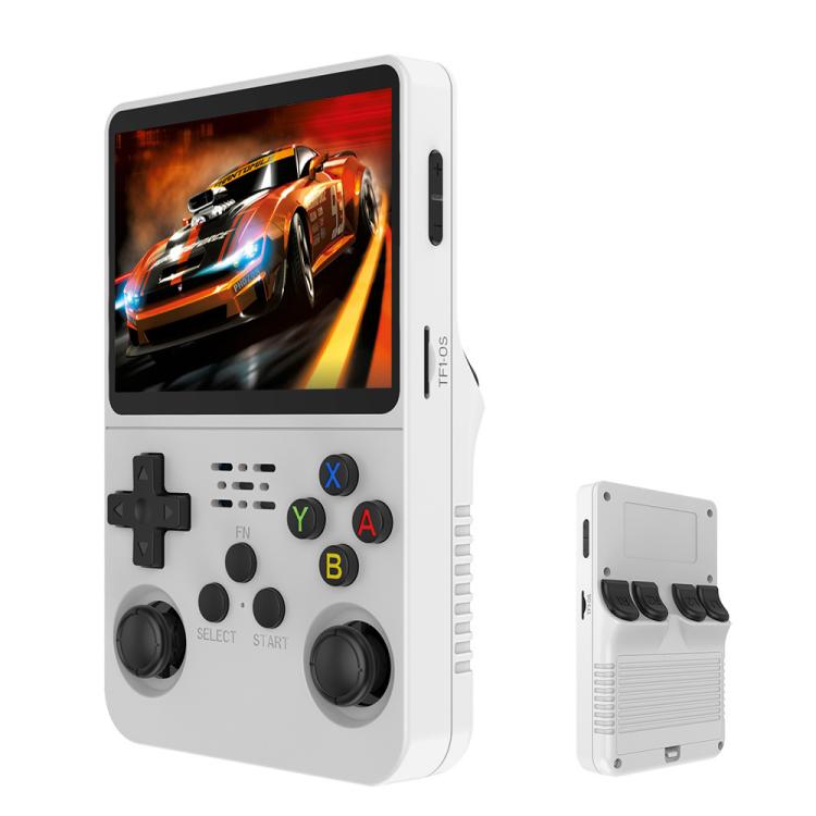 White retro handheld game console with 3.5-inch screen, buttons, and thumbsticks