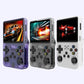 Three retro handheld consoles in clear purple, clear black, and white colorways