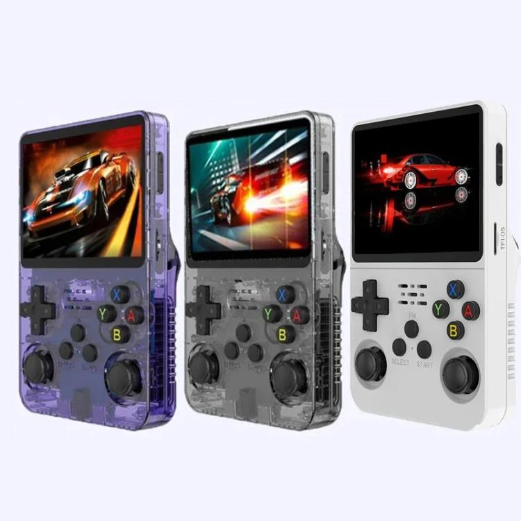 Three retro handheld consoles in clear purple, clear black, and white colorways