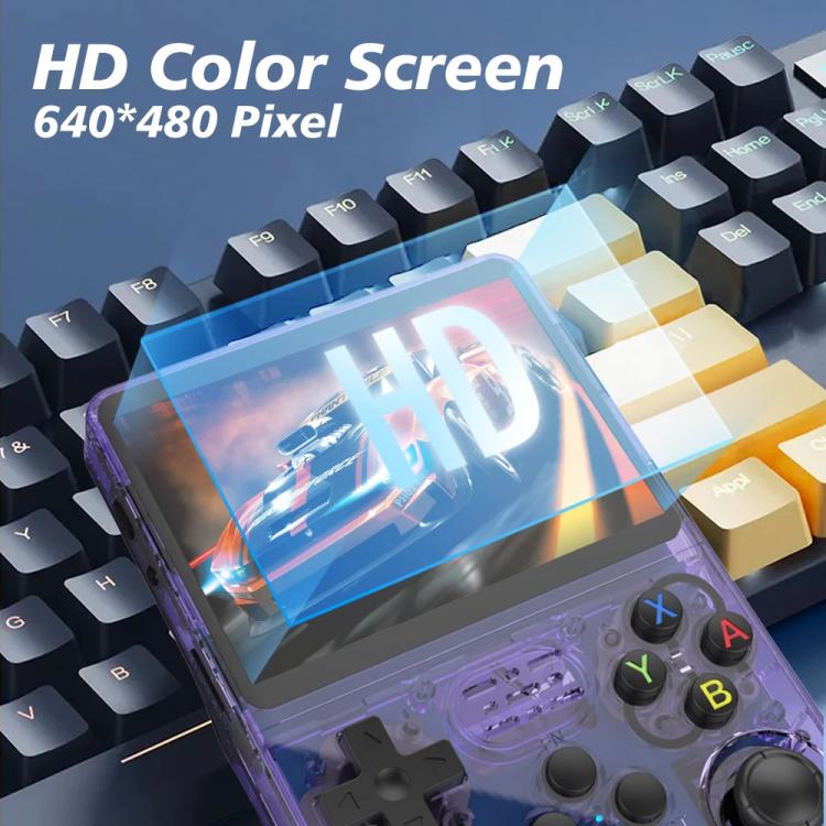 Clear purple handheld game console with 3.5-inch screen and transparent button layout