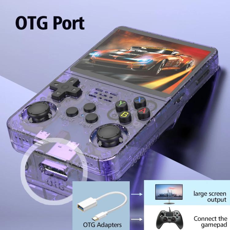 Clear purple handheld game console with OTG port area and front controls