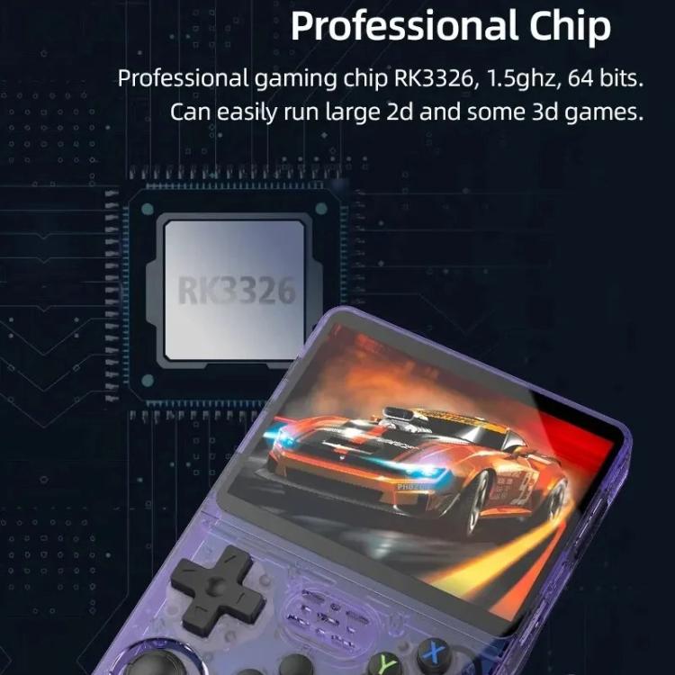 Translucent purple retro handheld game console with 3.5-inch screen and controls