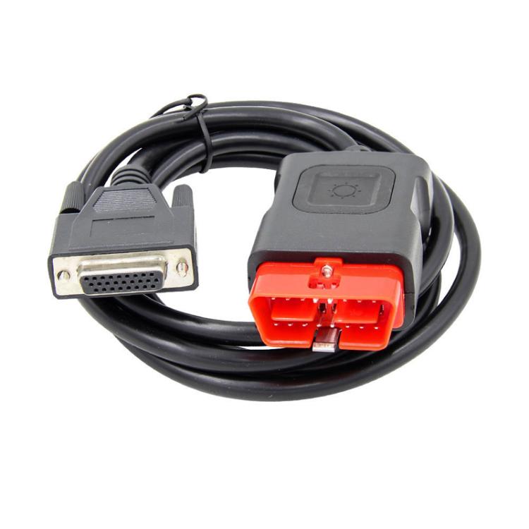 OBD-II diagnostic cable with red OBD port, DB-9 plug, black cord
