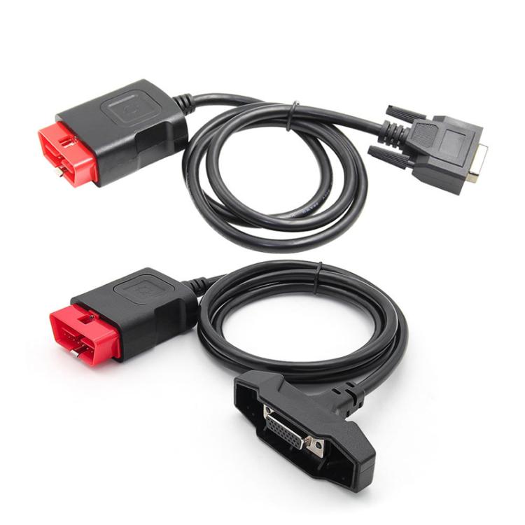 OBD-II diagnostic cable with red OBD port, DB-9 plug, and USB power connector