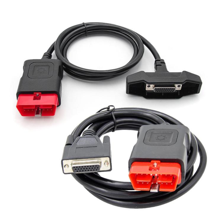 OBD-II diagnostic cable with red OBD port and DB-9 style connector, black cord