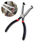 Fuel line disconnect pliers with long curved handles, red bands, and angled metal jaws