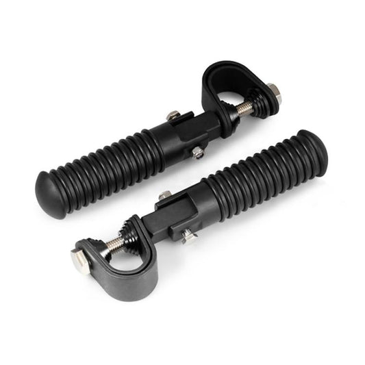 Collapsible motorcycle footpegs with black ribbed springs and U-shaped mounting clamps.