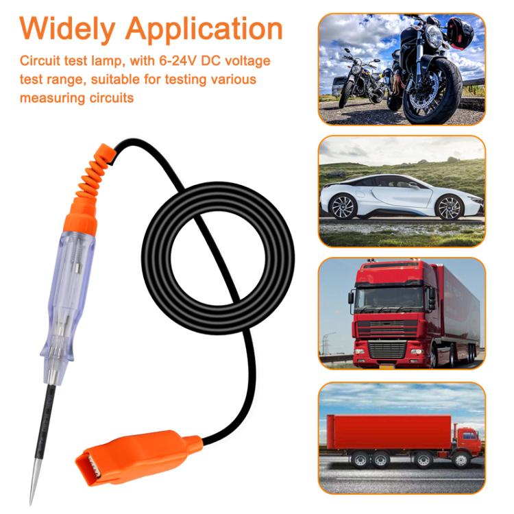 Car circuit tester pen with orange handle, clear tube body, and long black cable