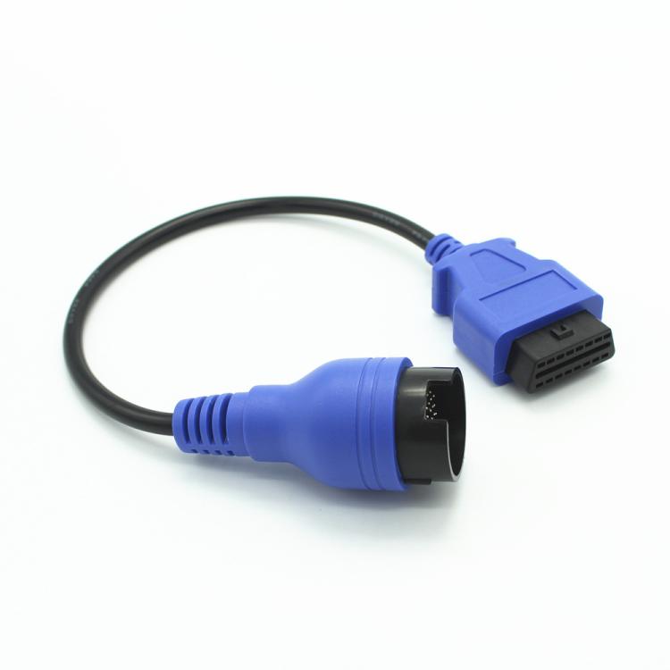 Truck diagnostic adapter cable with angled 38-pin connector and round 16-pin plug