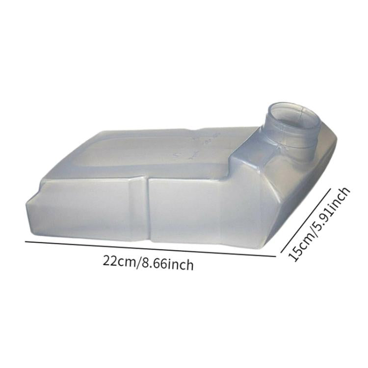 Light gray translucent detergent bottle, about 22 cm by 15 cm, with black cap