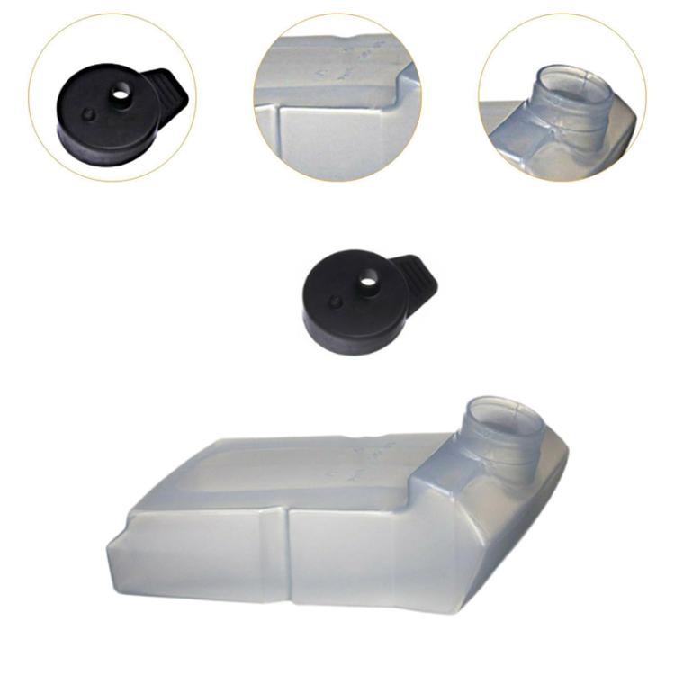 Detergent bottle set with black cap and close-up detail views