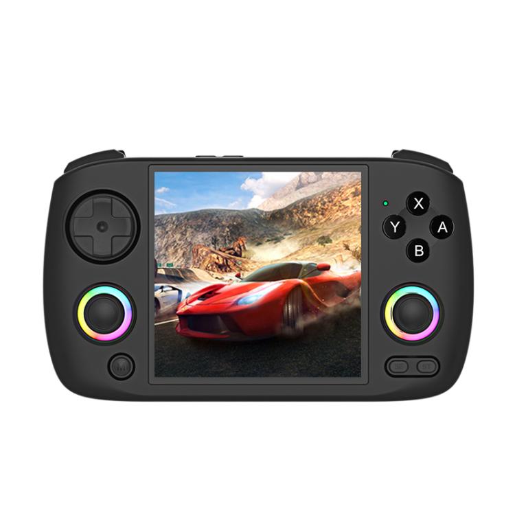 Black handheld game console with 3.95-inch IPS screen, twin analog sticks, face buttons