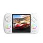 White handheld game console with 3.95-inch IPS screen, twin analog sticks, and face buttons