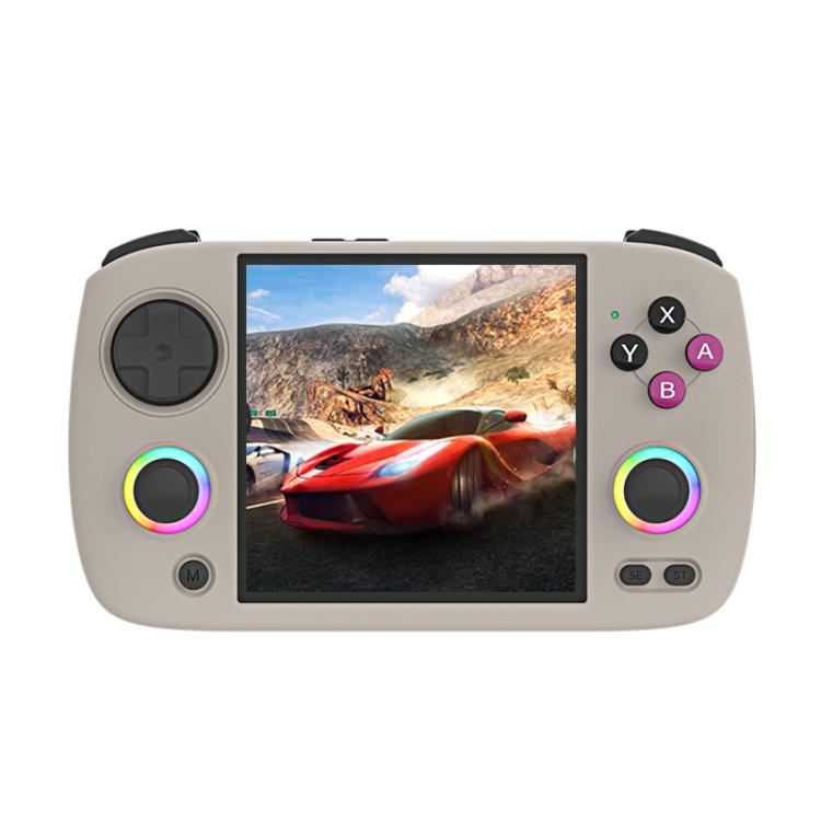 Gray handheld game console with 3.95-inch IPS screen, twin analog sticks, and action buttons