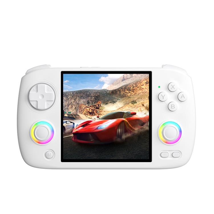 White handheld game console with left D-pad, right face buttons, and 3.95-inch screen