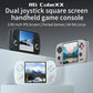 Black and white handheld game consoles with small IPS screens and dual joystick controls