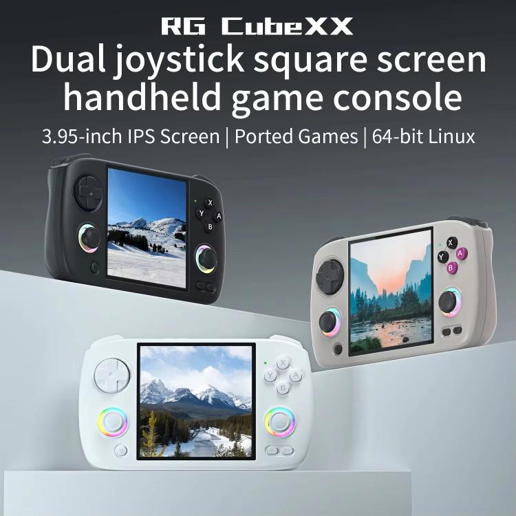 Black and white handheld game consoles with small IPS screens and dual joystick controls
