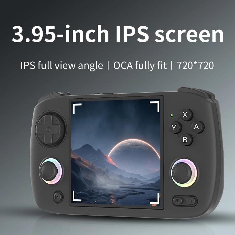 Handheld game console with dark shell, 3.95-inch IPS screen, dual sticks, and buttons