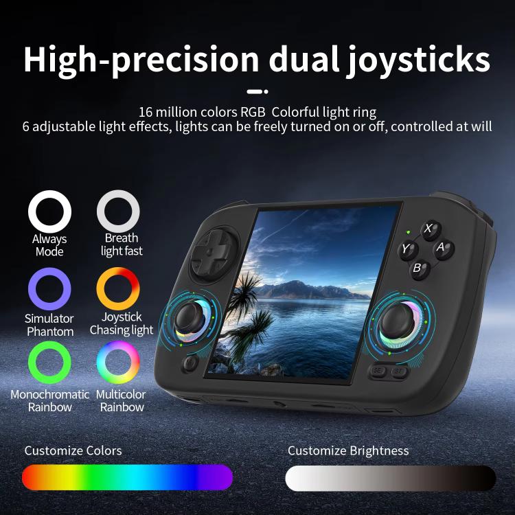 Black handheld game console with dual thumbsticks and multicolor RGB light rings
