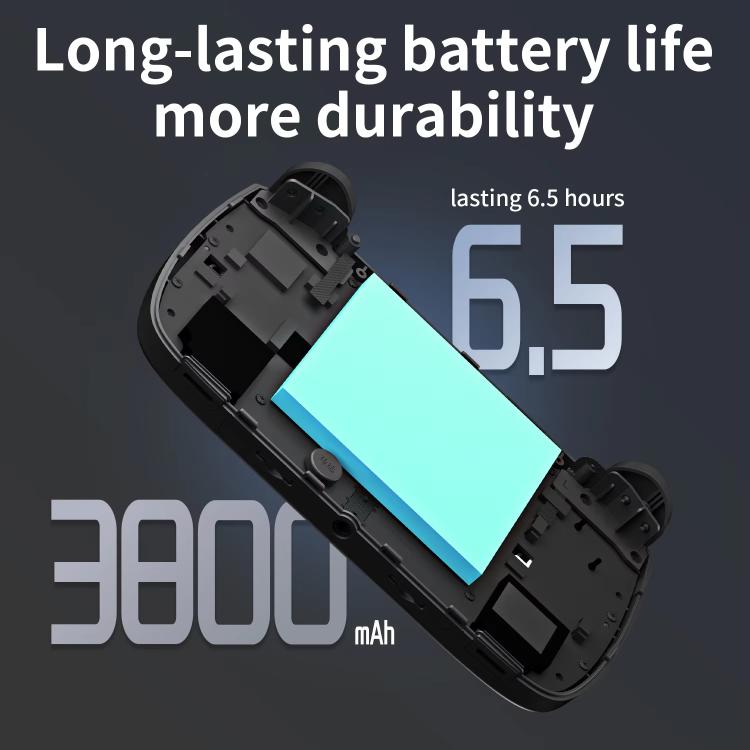 Black handheld game console with internal battery module illustration for extended runtime