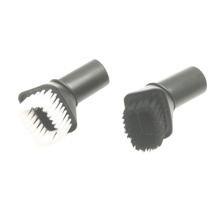 Soft brush nozzle attachment with dual brushes: white bristles and dark bristles on gray body