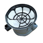 Vacuum cleaner dust compartment filter in gray housing, round white media and black cage