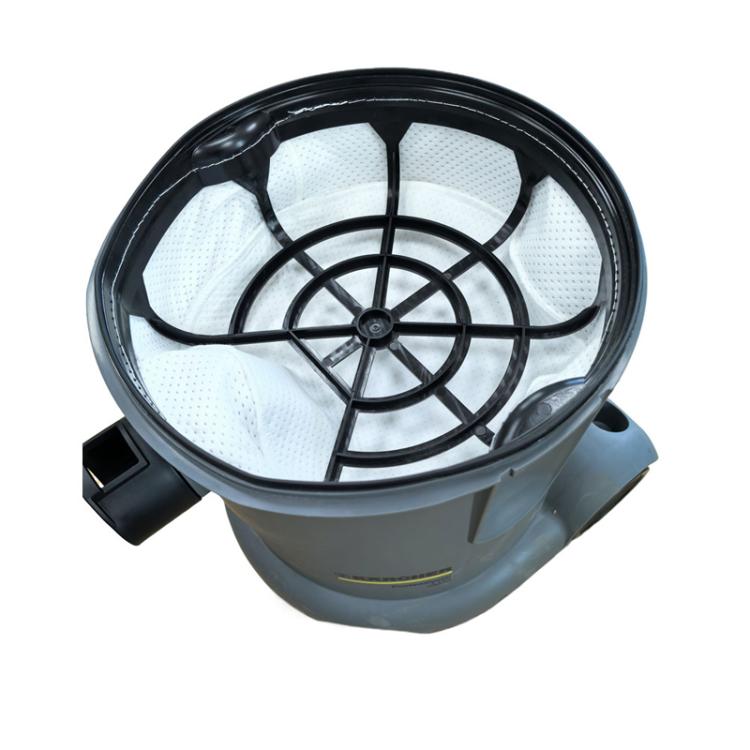 Vacuum cleaner dust compartment filter in gray housing, round white media and black cage
