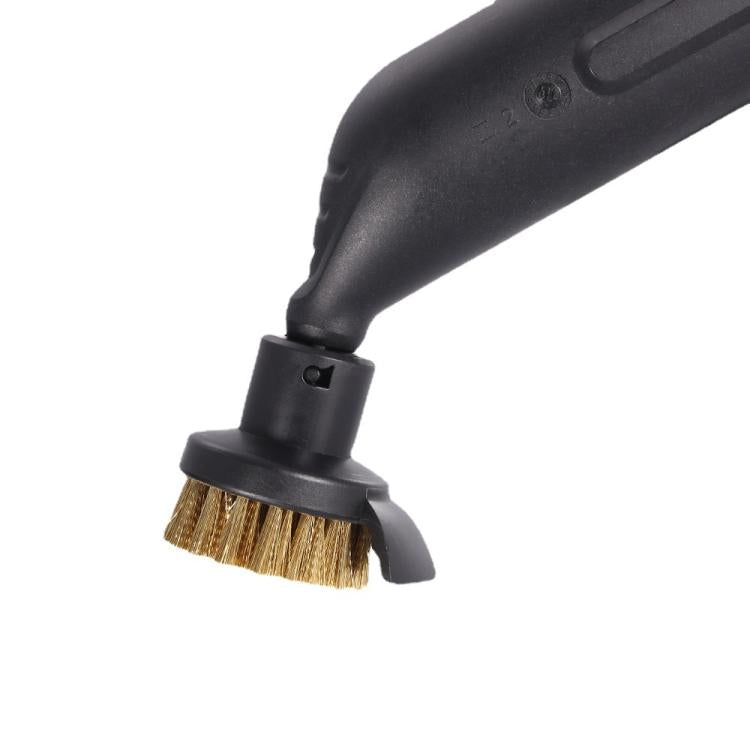 Steam cleaner brush attachment with tan bristle pad on short black stem
