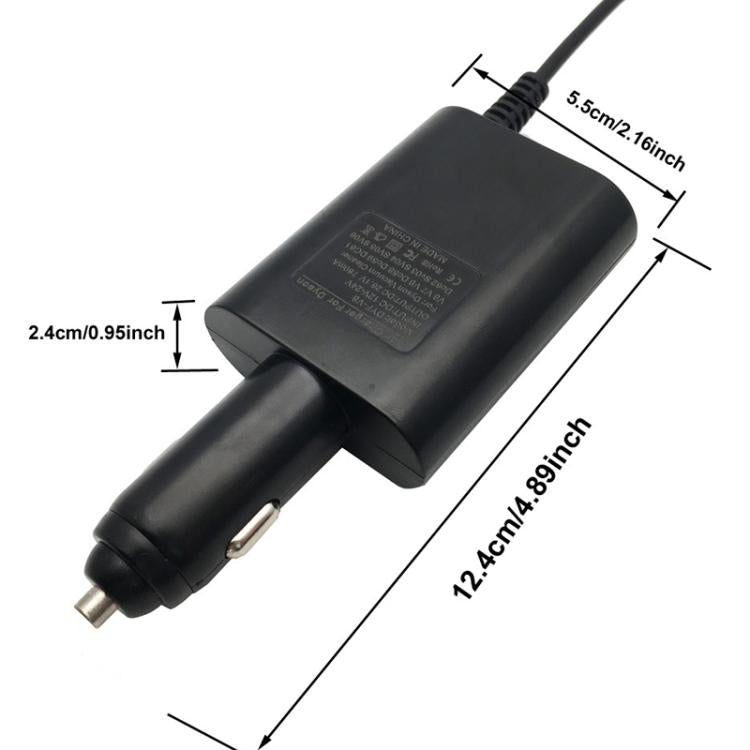 Black car charger adapter with barrel plug and cable; size markings shown