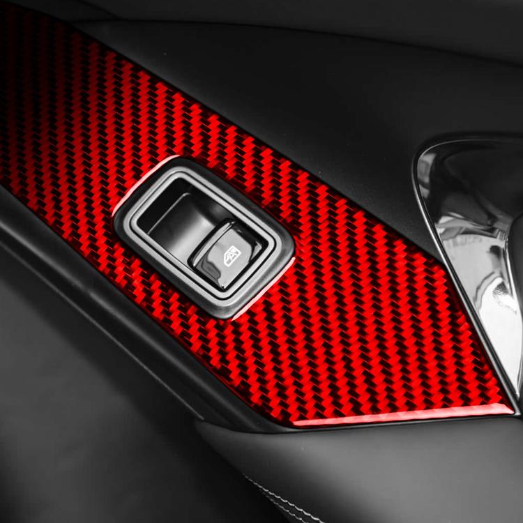 Red carbon-fiber lifting panel decorative stickers installed on car, right-hand drive