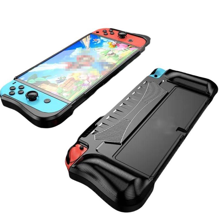 Black TPU protective case shell for Switch OLED, with integrated screen cover and side card slots