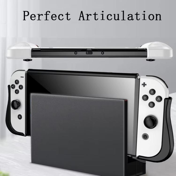 White-and-black Switch OLED protective case with articulated stand arms and screen viewing window