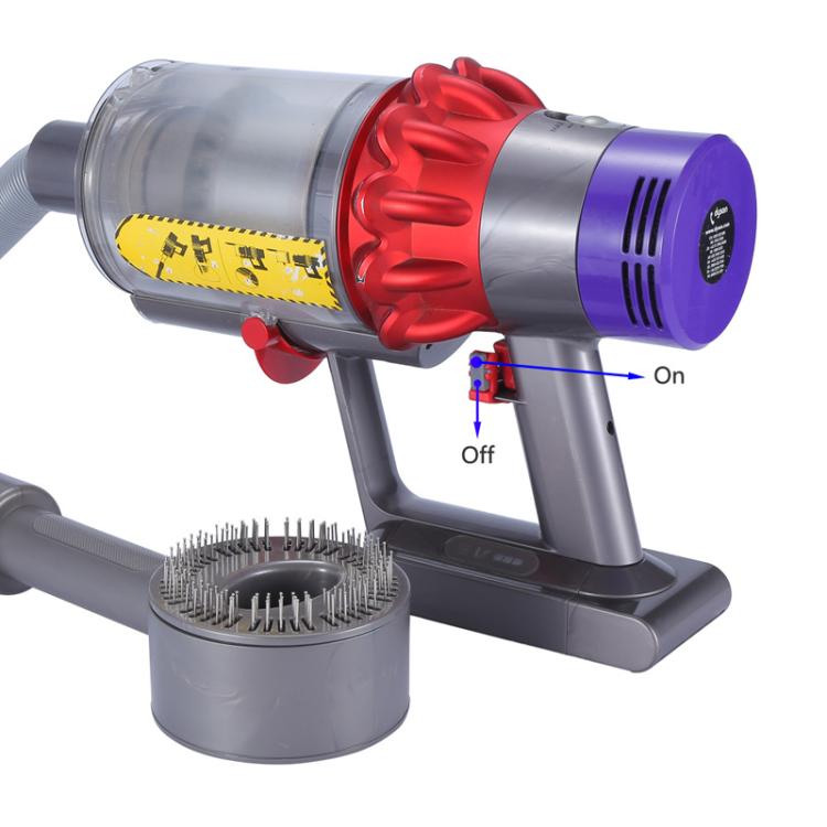 Red and gray switch carabiner holder attached to handheld vacuum with On/Off indicator