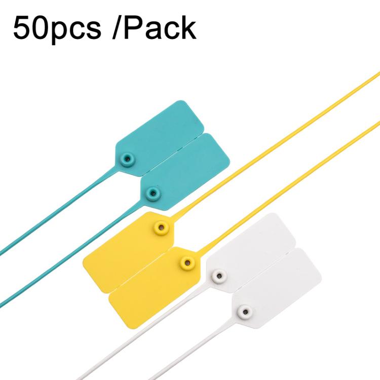 Set of plastic security seal tags, blue yellow and white, with tie cords and holes