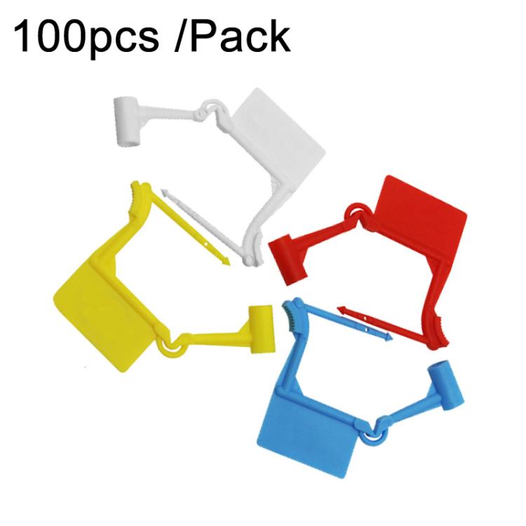 Colored plastic security seal tags with locking loops for packaging, 100-pack.