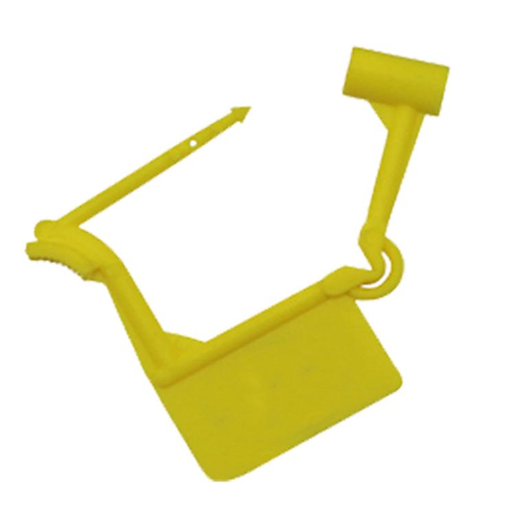 Yellow plastic security seal tag with locking loop for anti-theft packaging.