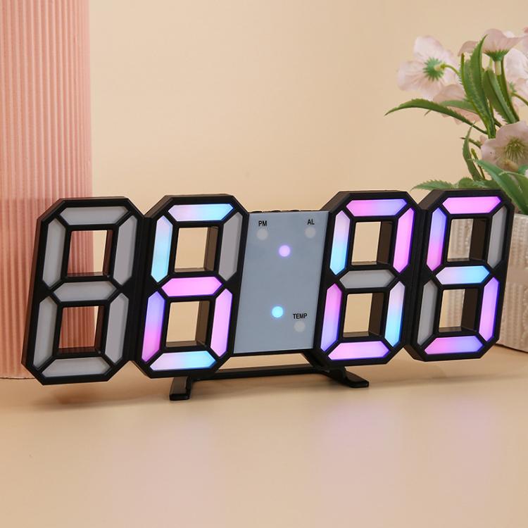 Black-framed RGB 3D luminous digital alarm clock with multicolor time digits