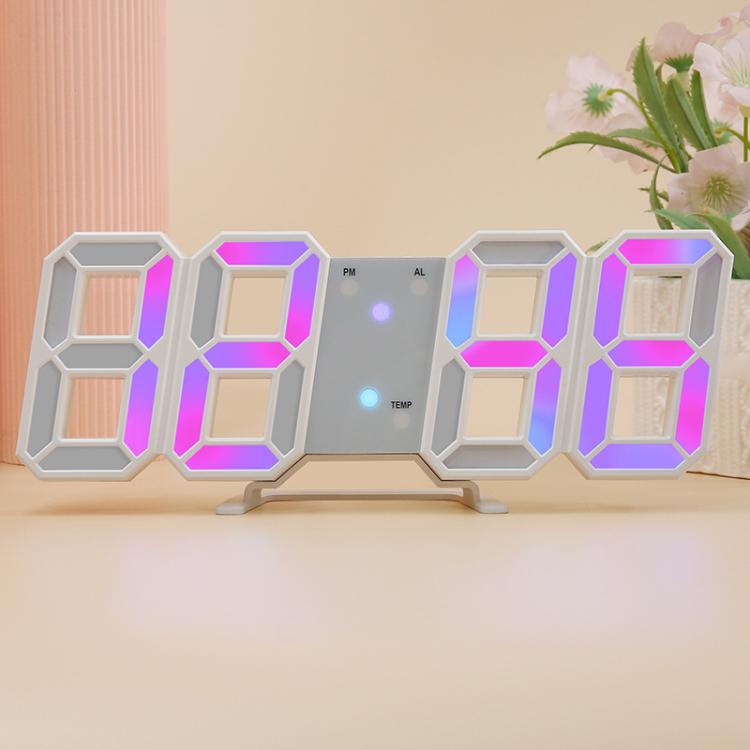 White-framed RGB 3D luminous digital alarm clock with multicolor time digits