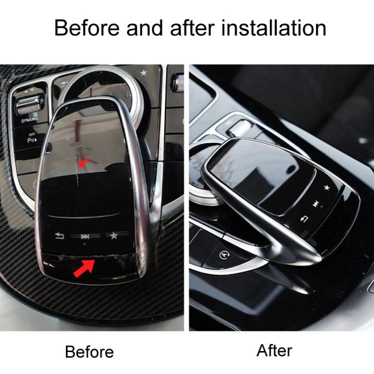 Before-and-after view of glossy black car multimedia mouse cover on controller