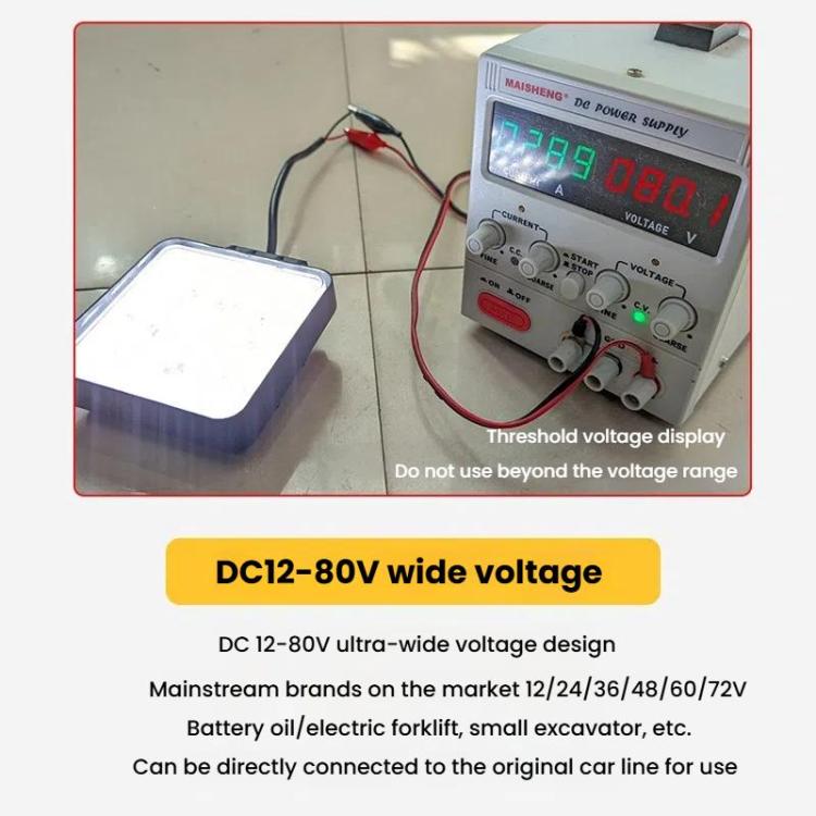 LED work headlight connected to a digital DC power supply with red and black wires