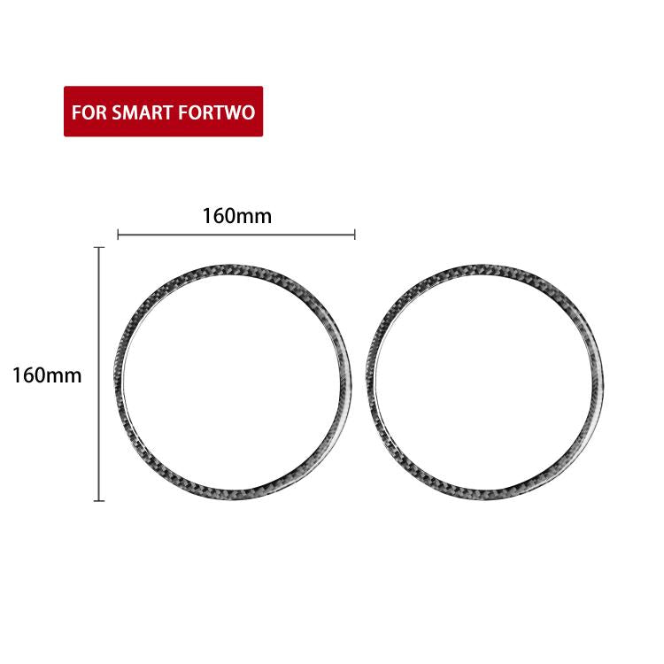 Two circular speaker trim ring stickers, carbon-fiber texture with size guide