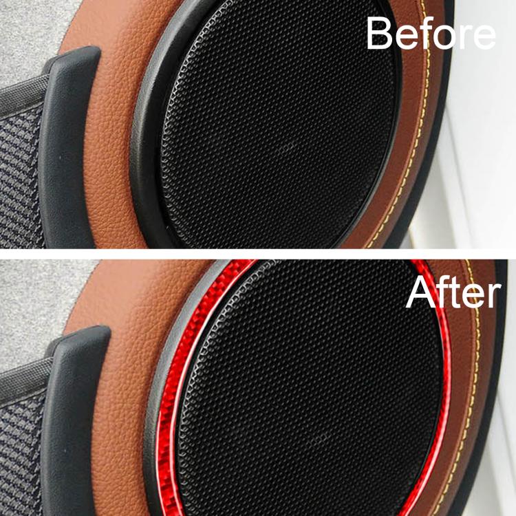 Door speaker trim ring sticker, black carbon-fiber mesh with red border ring