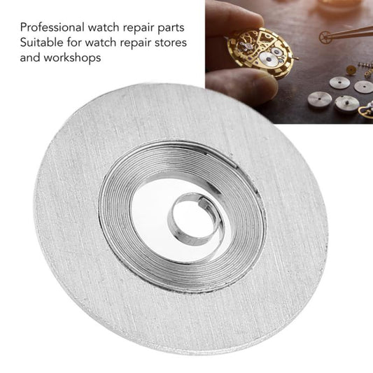 Round metal disc watch movement accessory with threaded spiral and center opening