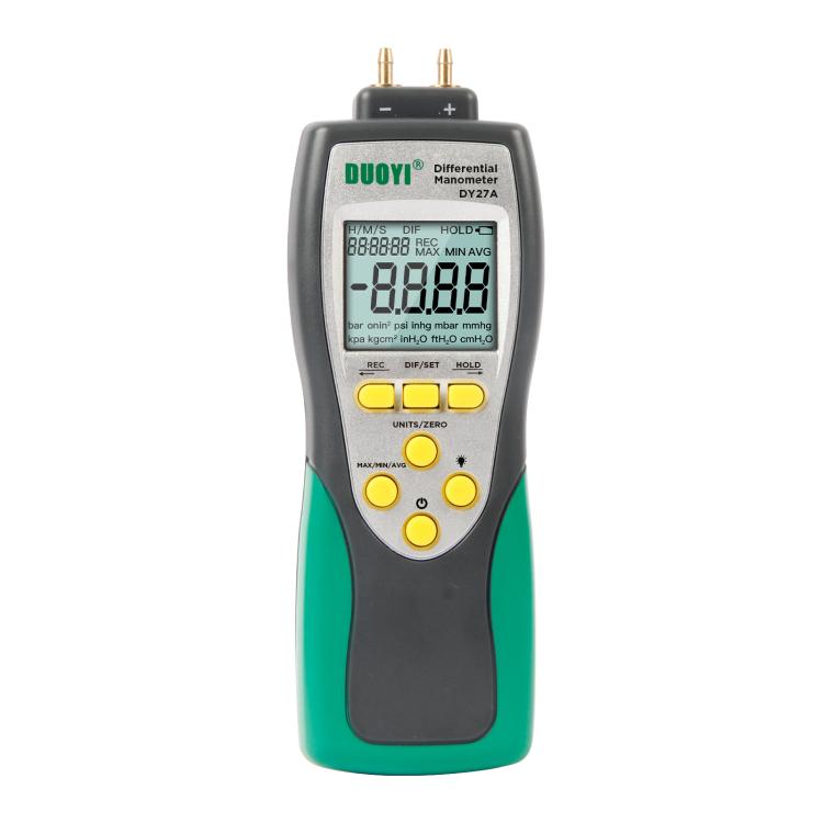 Digital differential pressure gauge with LCD screen, black and green handheld body